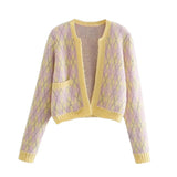 Versatile diamond check sweater cardigan jacket HZ1023