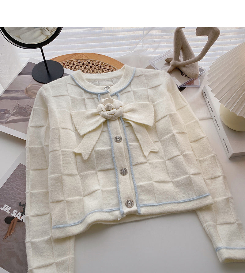 Xiaoxiang style pattern short sweater coat bow flower long sleeve top HZ1023