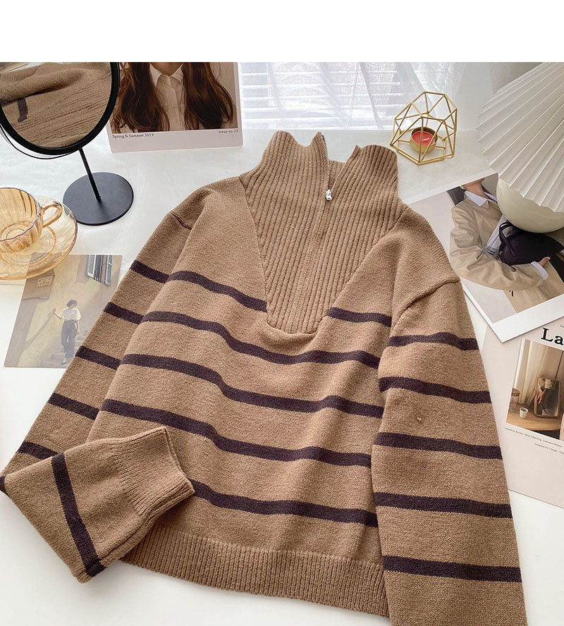 Lapel Half Zip stripe contrast panel long sleeve top HZ1023