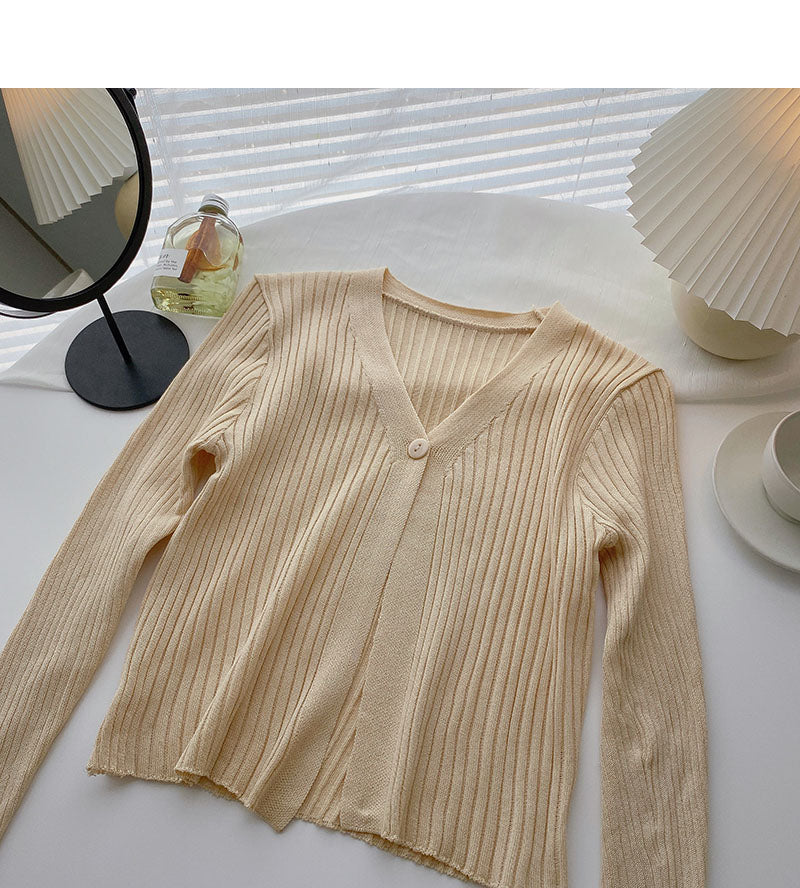 Candy V-neck one button cardigan versatile long sleeve short top HZ1023