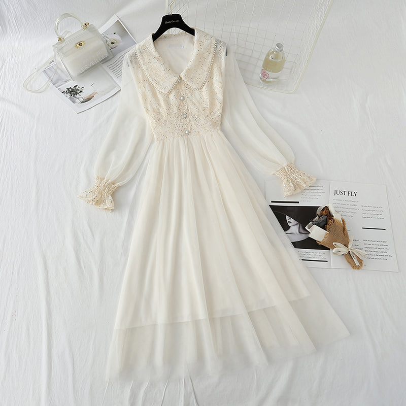 Sequin lace dress doll neck French gauze Fairy Dress HZ1023