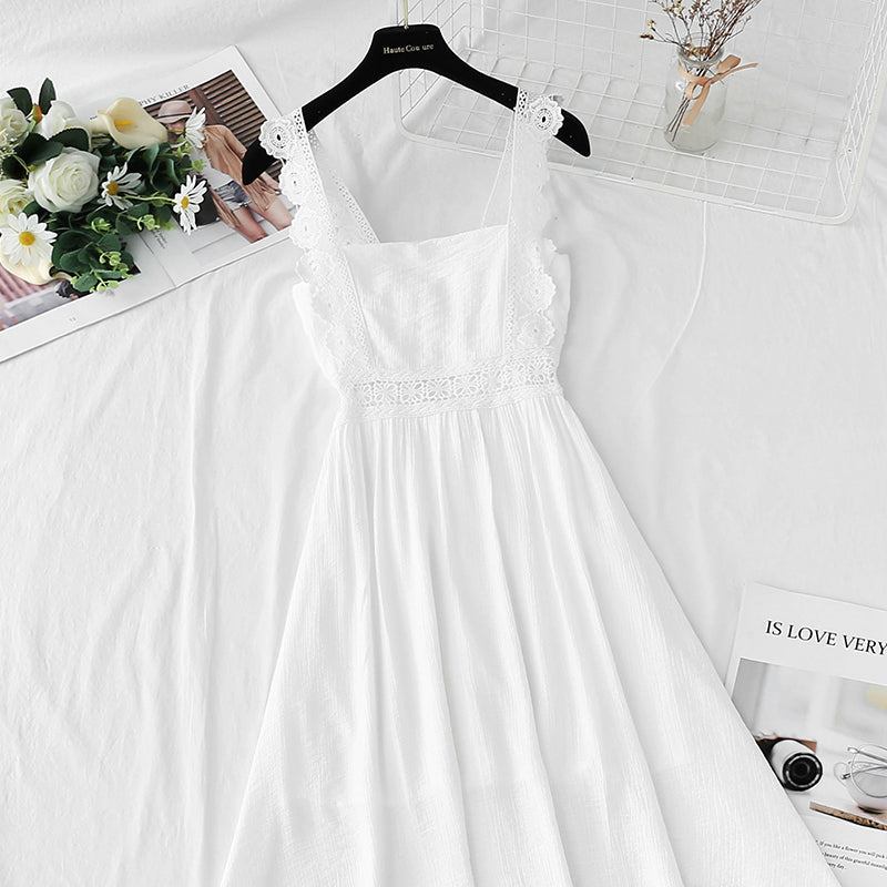 Cotton linen dress French retro gentle suspender dress HZ1023