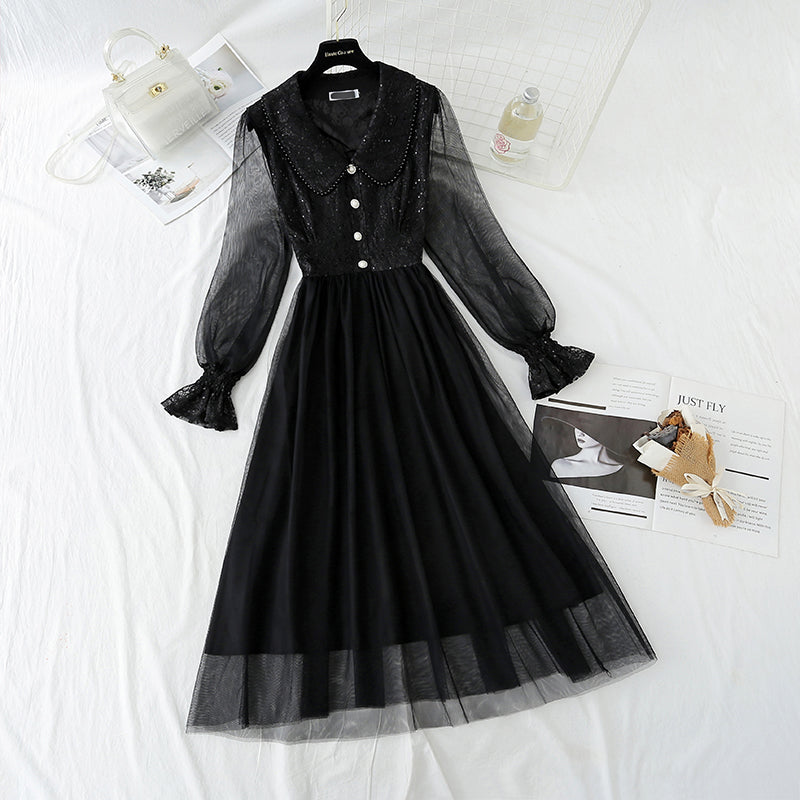 Sequin lace dress doll neck French gauze Fairy Dress HZ1023