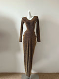 Brown Shiny Sexy Fashion Elegant Long Sleeve Long Sequin Exquisite Beaded Ball Gown Evening Gown Party Dress Prom Gown HZ1023