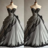 Black Gorgeous Delicate Lace Appliques Ruffled A-Line Long Tulle Ball Gown Evening Gown Wedding Dress HZ1023