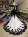 Black gorgeous exquisite lace V-neck backless long floor-length trailing satin sexy elegant ball gown evening dress wedding dress HZ1023