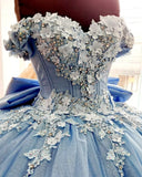 Blue gorgeous exquisite floral applique strapless long prom dress evening gown quinceanera dress sweet 16 years old dress HZ1023