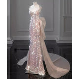 pink gorgeous sparkling pretty mermaid ball gown with detachable bow long elegant sequin formal prom dress eveng Dress Party Dress HZ1023