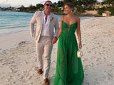 Green A-line V-neck halter chiffon long evening gown party dress wedding guest dress HZ1023